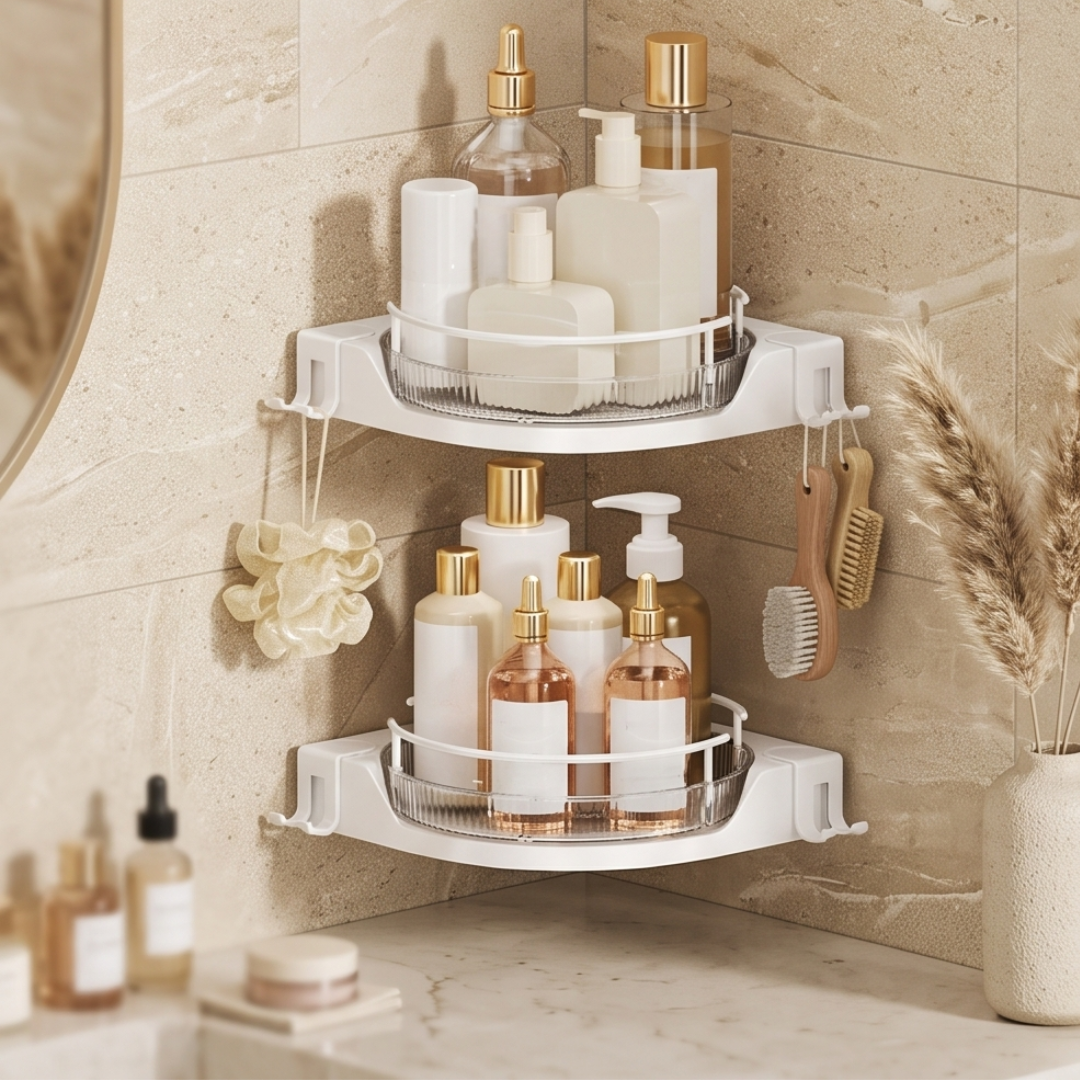 360° Rotating Corner Shower Caddy Space Saving Bathroom Organizer