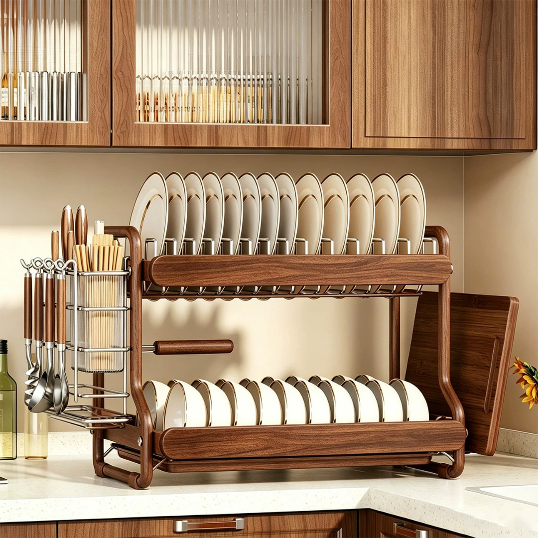 Premium Stainless Steel Dish Drying Rack with Solid Wood Storage Organizer