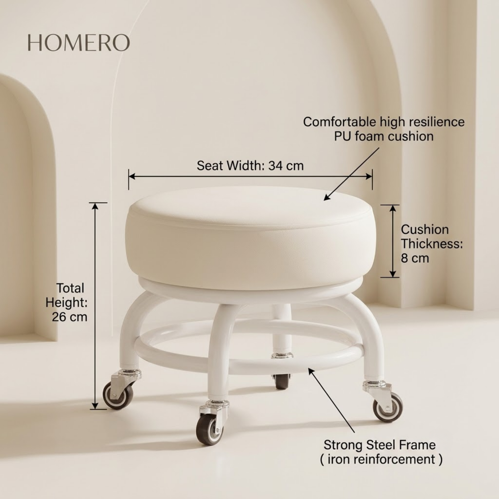 360° Rotating PU Cushion Seat Rolling Stool