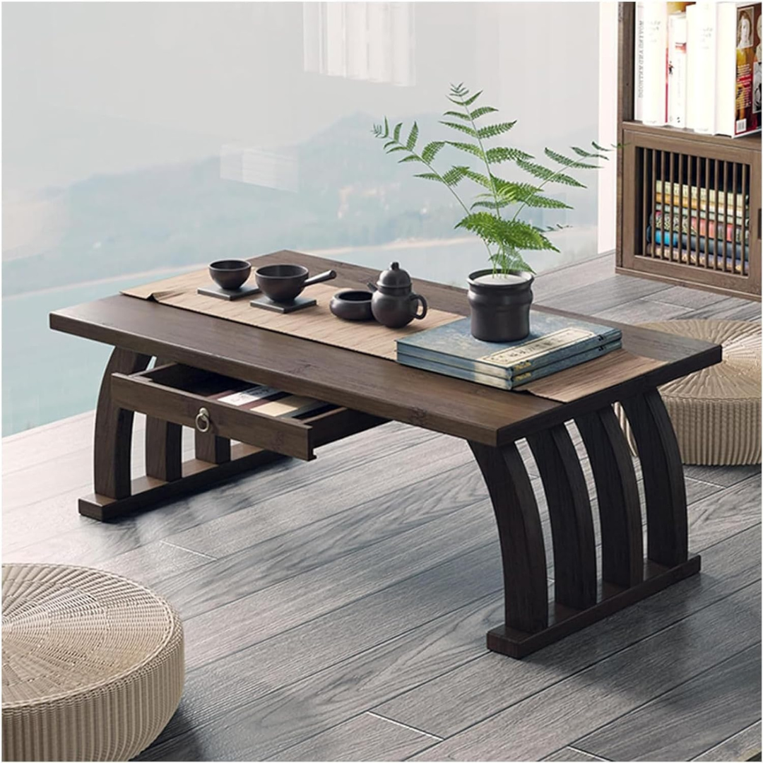 Premium Japanese Style Curve Bamboo Table with Storage Drawer