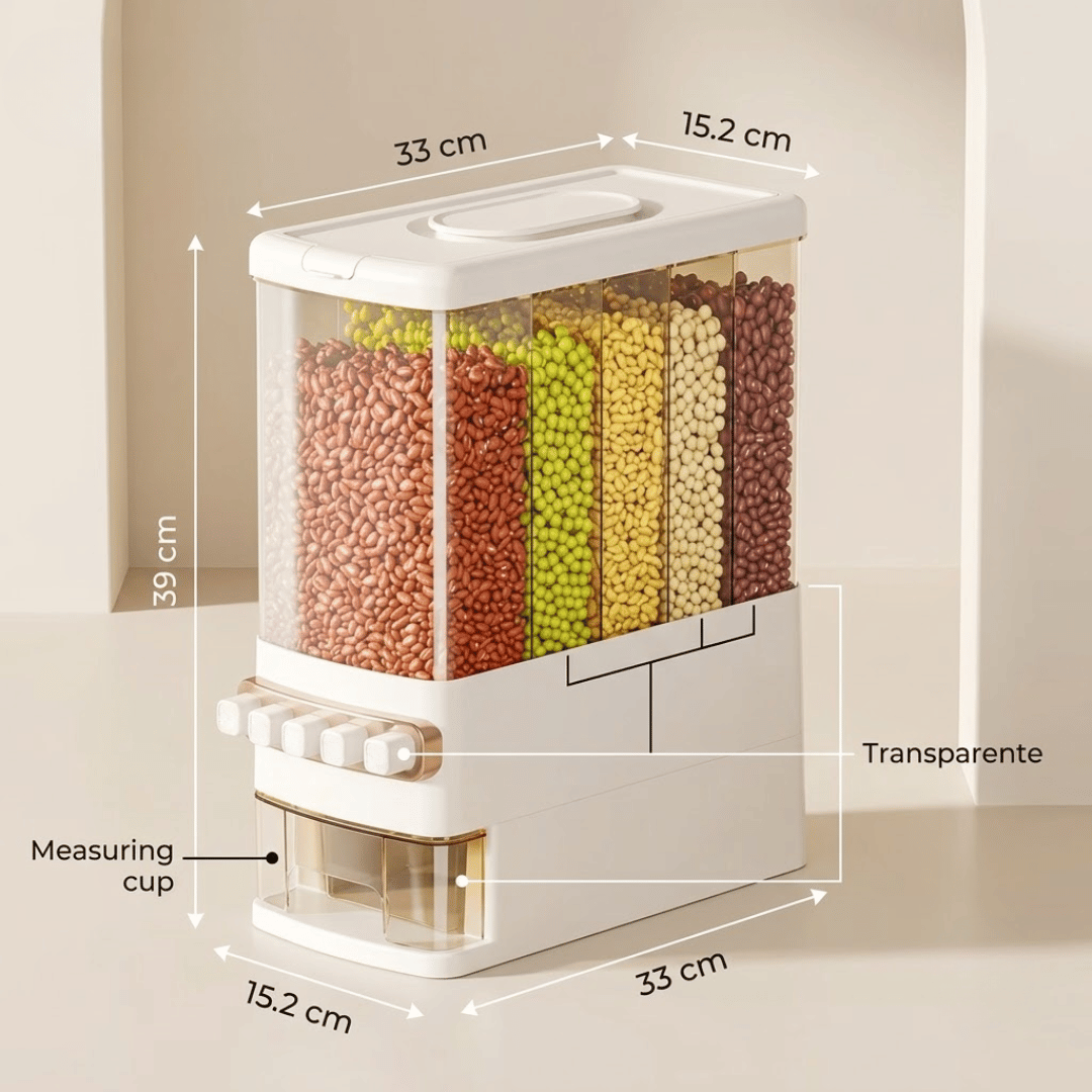 5 Grid Airtight Grain Dispenser with Push Button & Measuring Cup