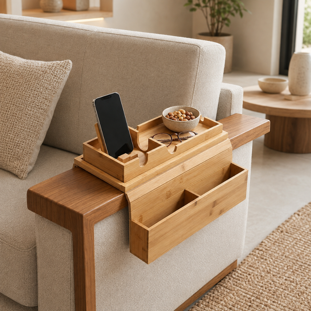 Multipurpose Adjustable Bamboo Couch Armrest Tray with Cup Holder and Organizer