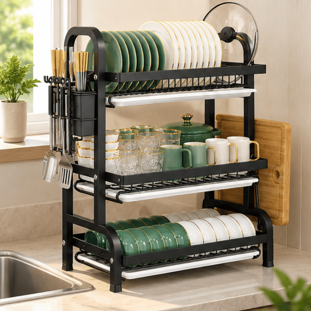 3 Tier Kitchen Dish Drying Rack with Drain Trays Cutlery Holder and Cutting Board Holder