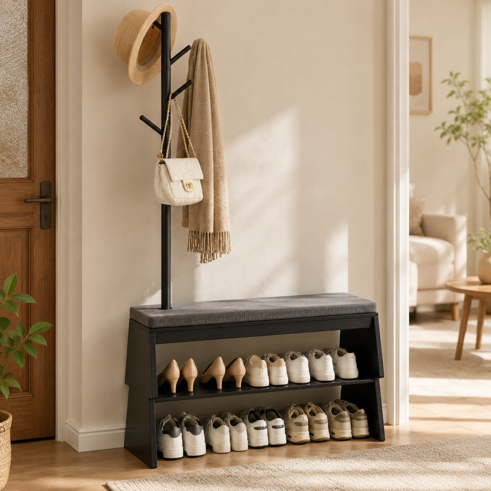 Multifunctional Entryway Shoe Rack Bench with Coat Stand Storage Organizer