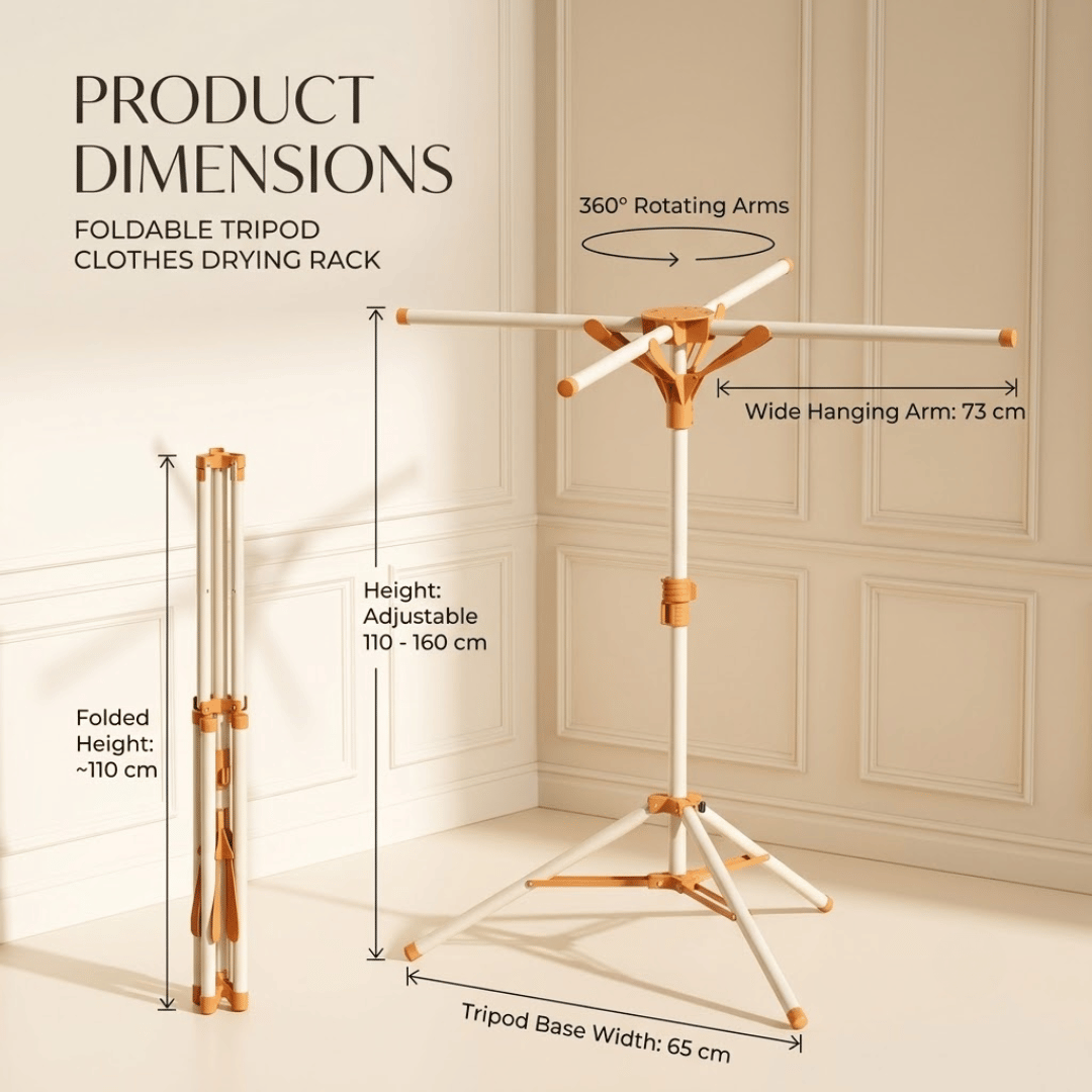 Foldable Tripod Clothes Drying Rack with Rotating Arms and Adjustable Height