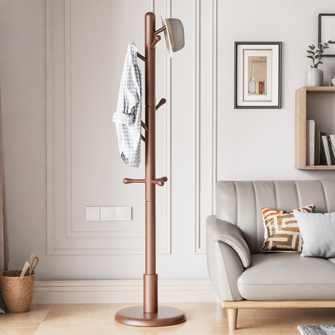 Natural Sheesham Wood Freestanding Coat Rack with Eight Hooks