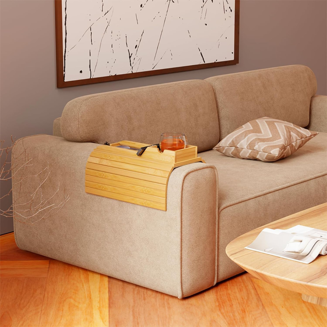 Bamboo Sofa Armrest Tray with Detachable Cup Holder