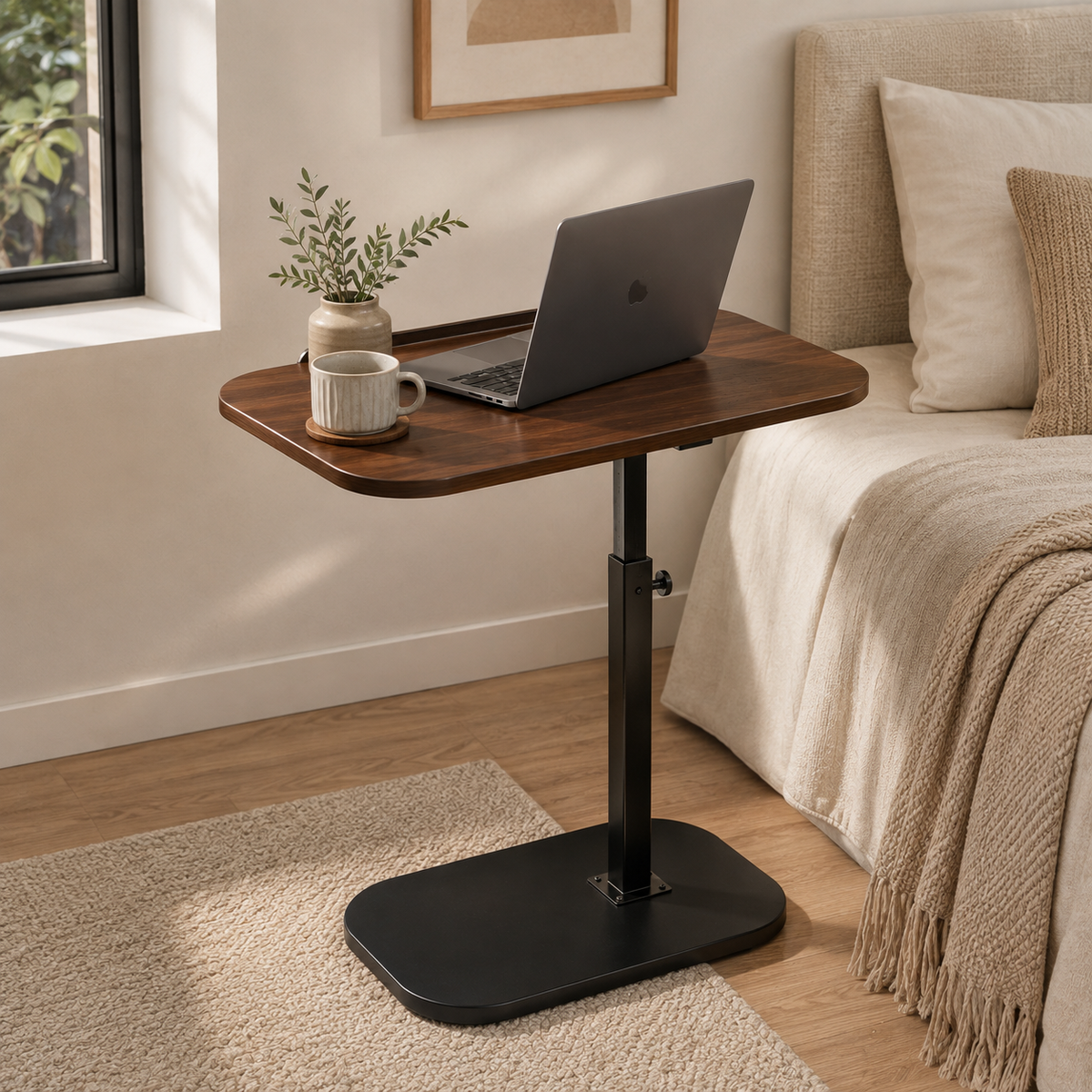 360° Swivel Adjustable C Shape Wooden Top Side Table