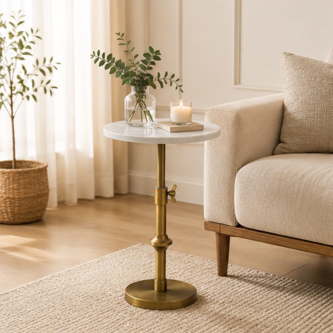 Modern White Marble Side Table With Adjustable Height Antique Brass Base