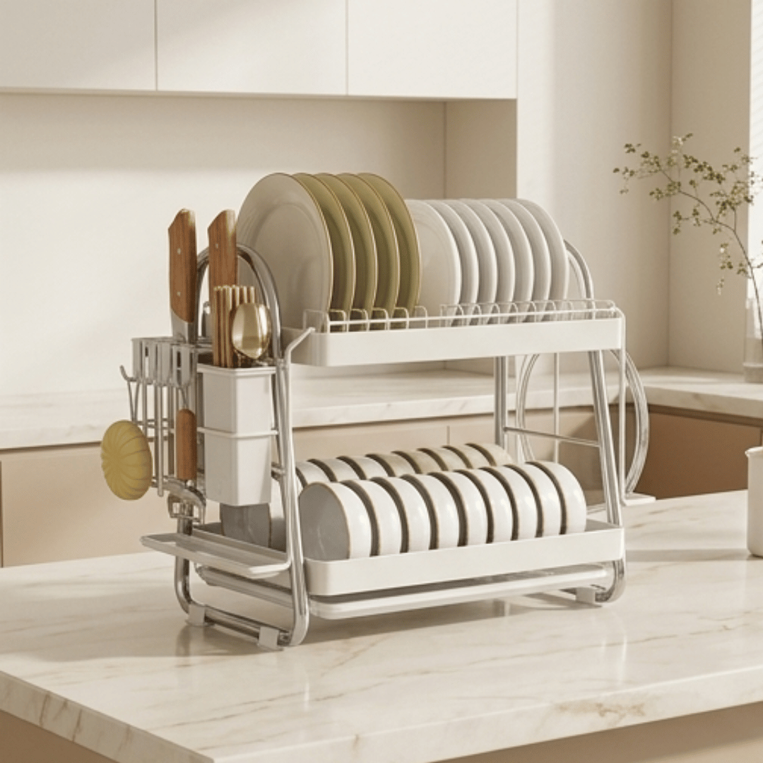 Premium Two Tier Carbon Steel Dish Rack With Cutlery Holder Knife Slots And Drip Tray