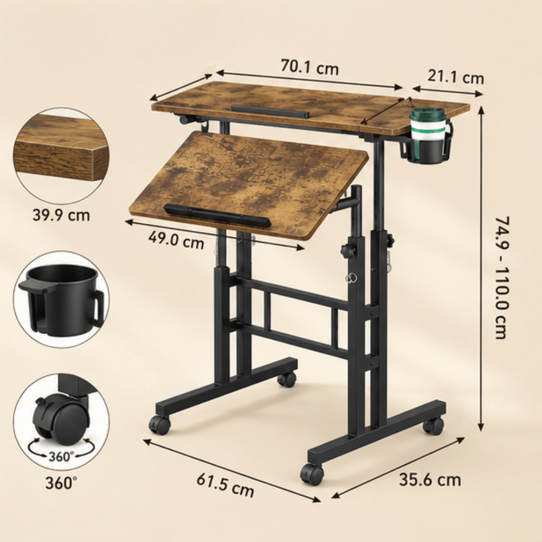 Multipurpose Height Adjustment Standing Laptop Desk with Tilting Tabletop & Hidden Wheels