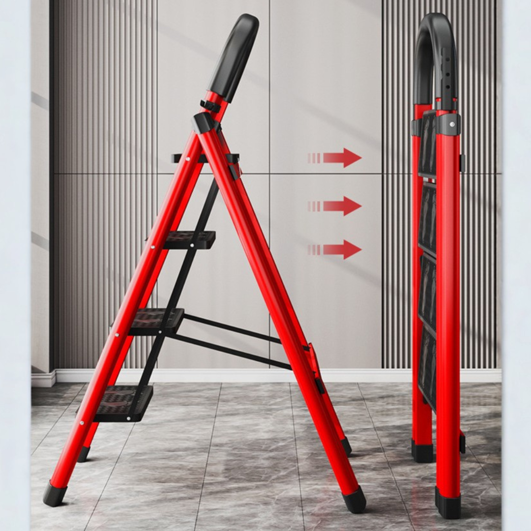 Foldable Carbon Steel Four Step Ladder with Handrail and Tool Tray