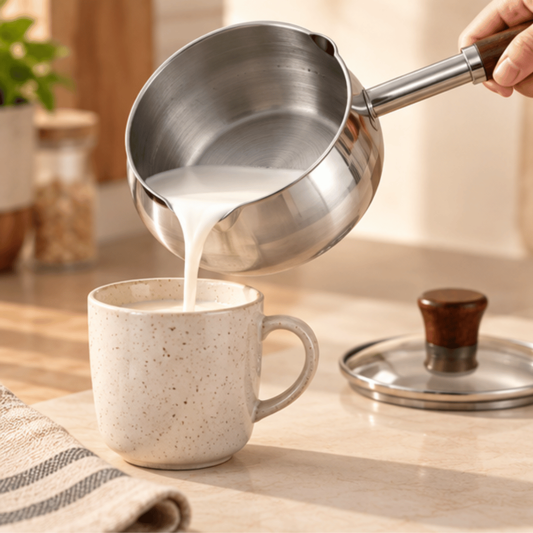 Premium Stainless Steel Small Milk Saucepan with Wooden Handle Glass Lid
