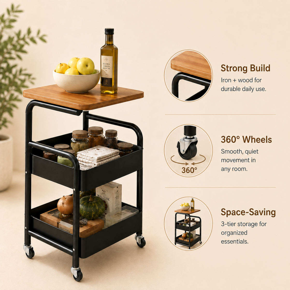 Homero 3-Tier Iron Durable Wood Slim Storage Rack