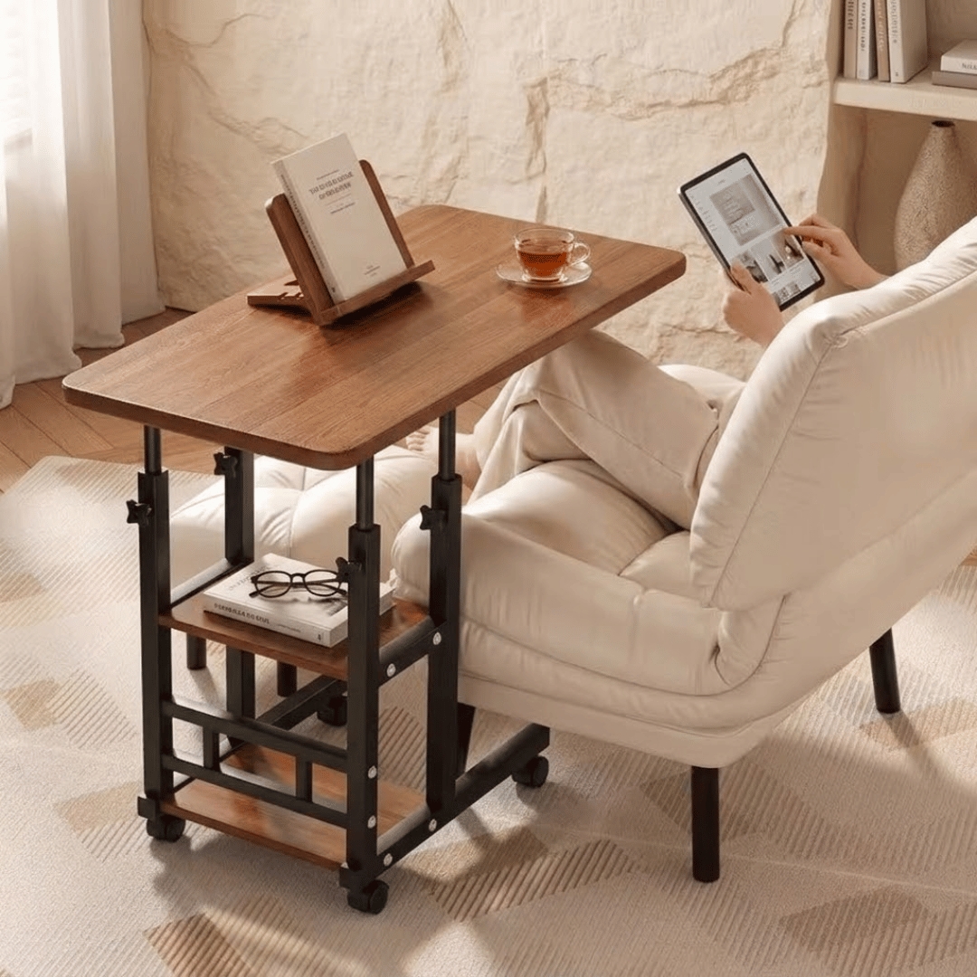 Adjustable C Shape Mobile Laptop Stand Table with Storage Shelves & Wheels