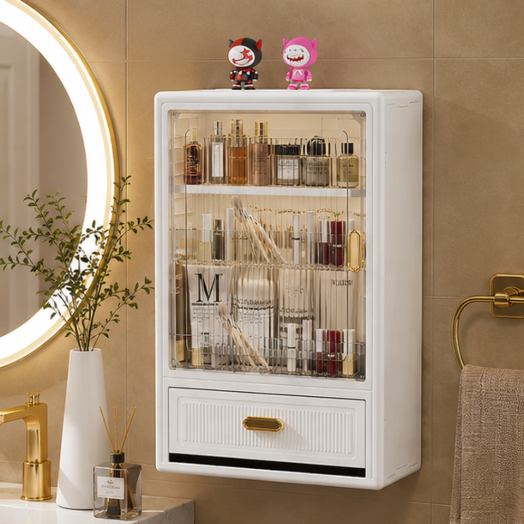 Elegant Wall Mounted Storage Cabinet With Fluted Glass & Drawer