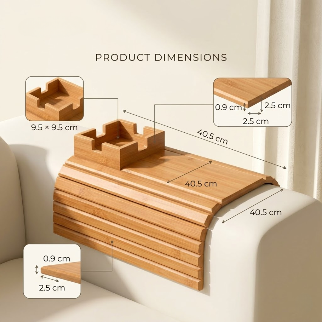 Bamboo Couch Armrest Tray Table with Cup Holder & Snack Organizer