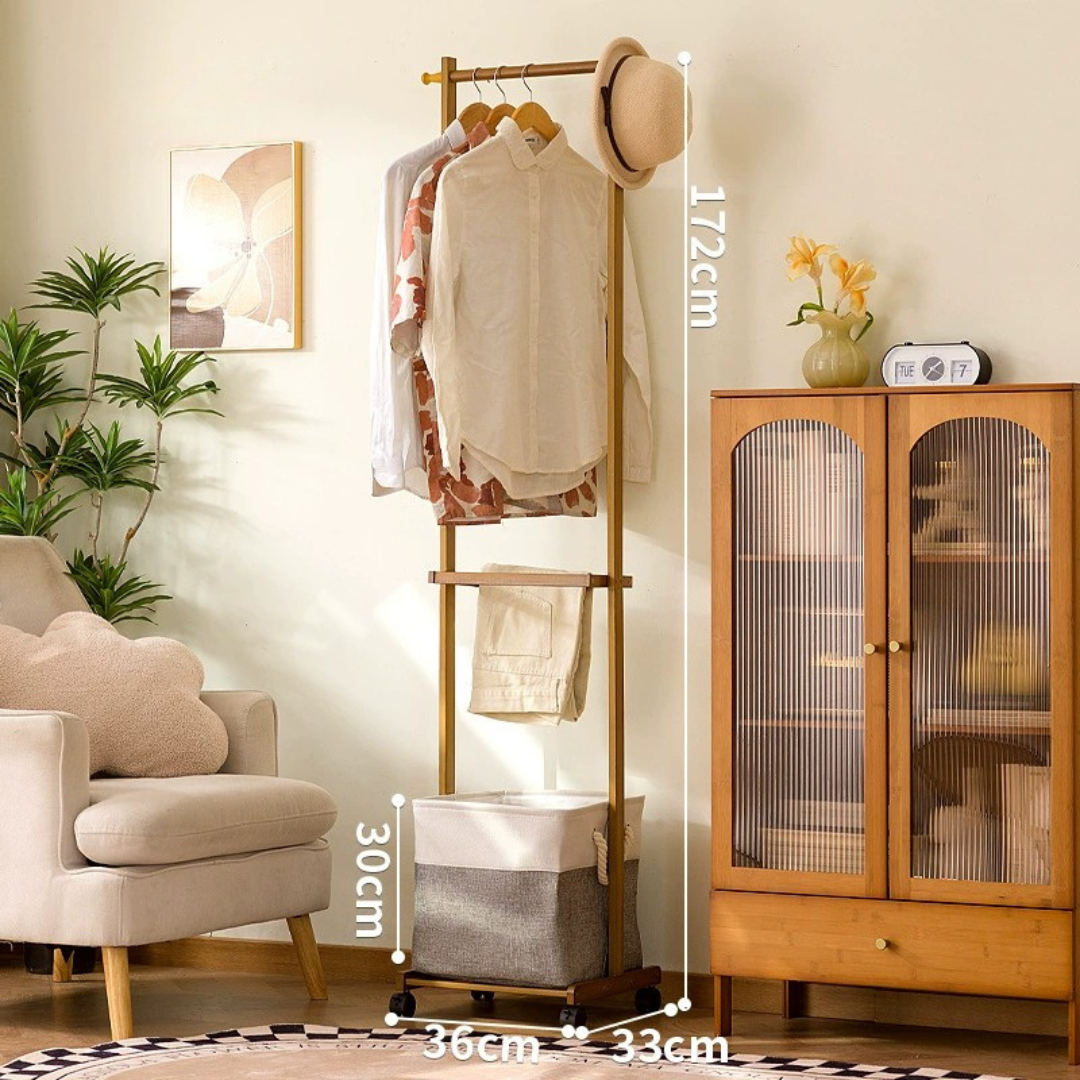Multi-Purpose Bamboo Garment Stand with Laundry Basket and Hooks