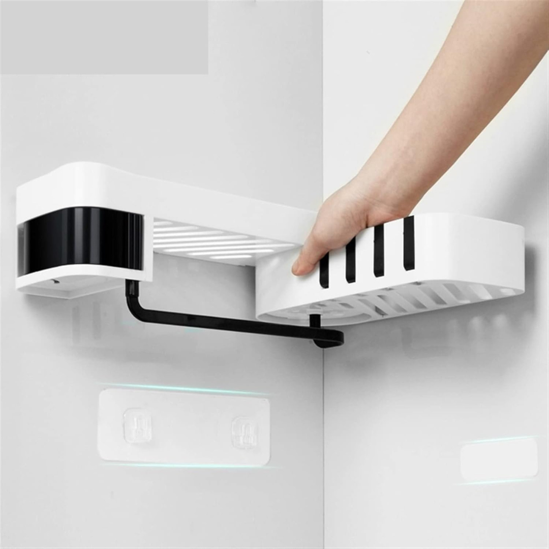 Wall Mounted 180° Foldable Corner Storage Rack with Drainage Design & Hidden Hooks