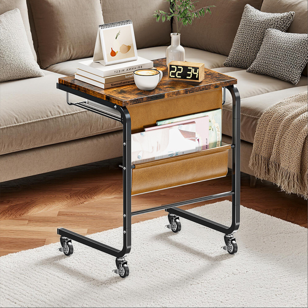 C Shaped Rolling Side Table with Storage Shelf Fabric Pocket and Wheels