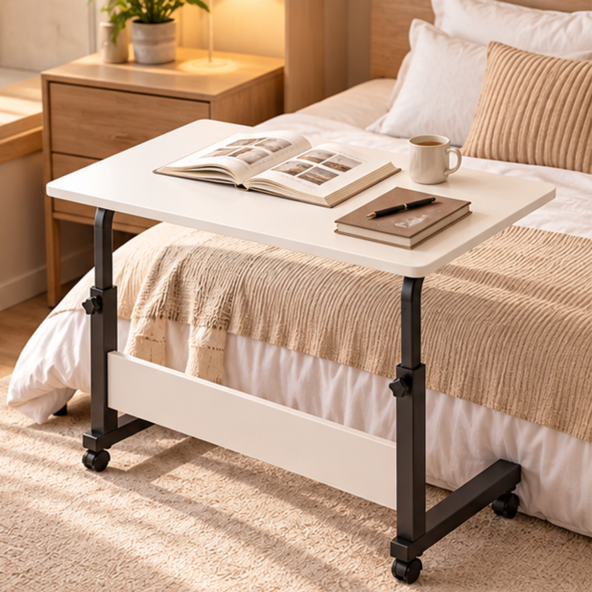 Multipurpose Height Adjustable Side Table With Lockable Wheels