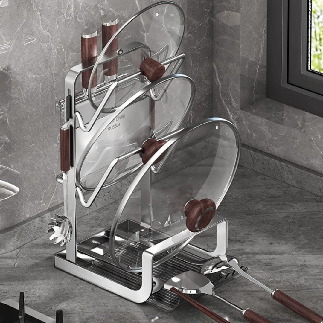 HOMERO Wall Mount Design Multifunctional Stainless Steel Pot Lid Rack with Drip Tray