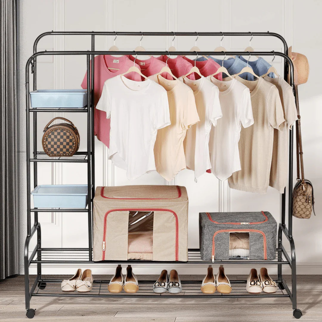 Multifunctional  Double Rail Garment Shoe Rack With Wheels