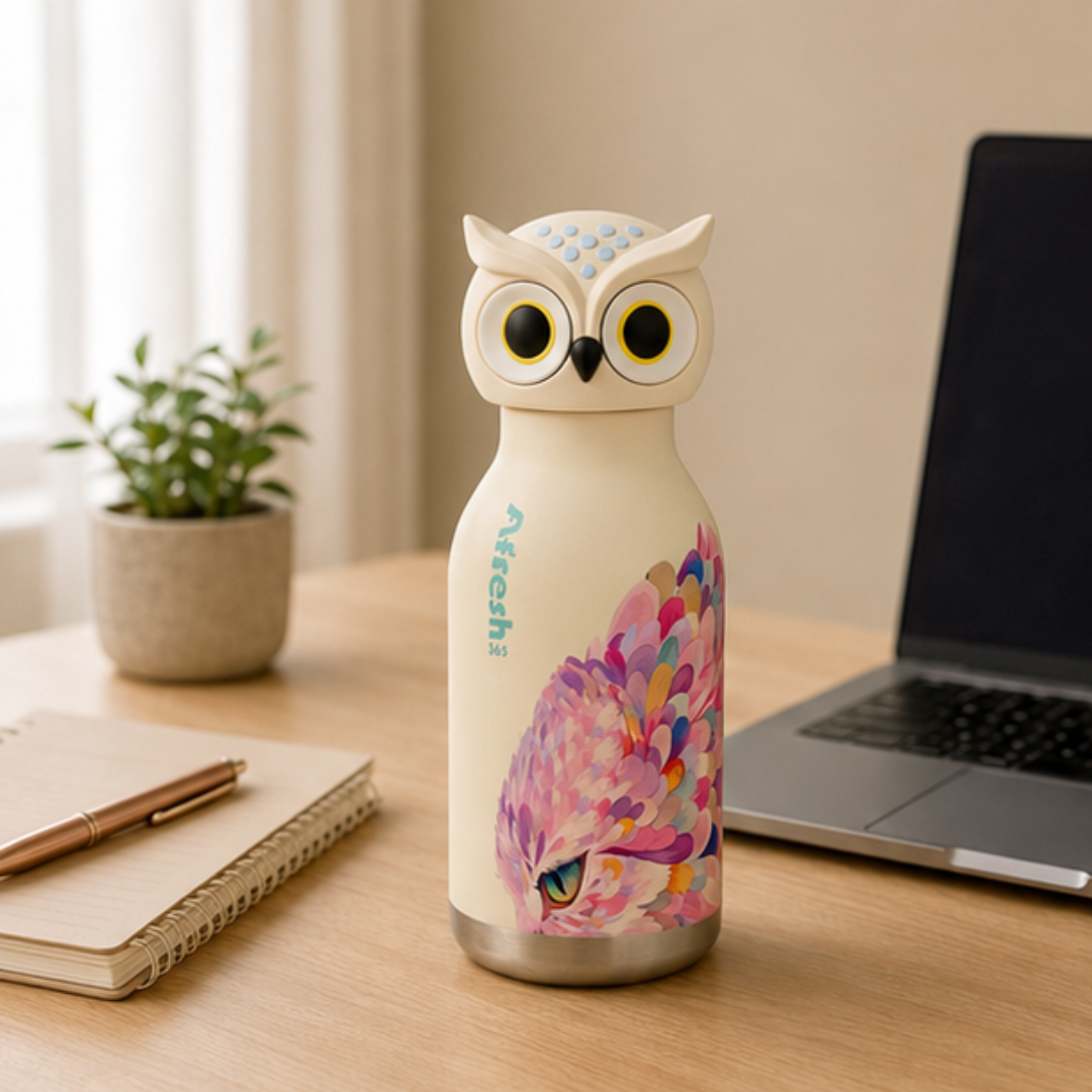 Cute Owl Stainless Steel Leakproof Sipper Drinking Bottle with Straw