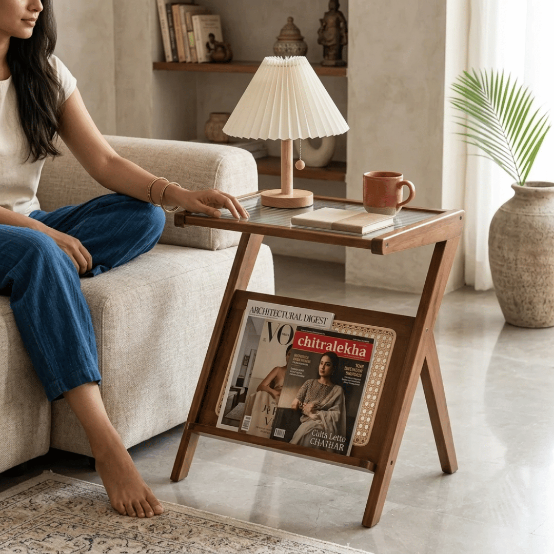 Elegant Z-Shape Boho Wooden Side Table with Toughened Glass Top