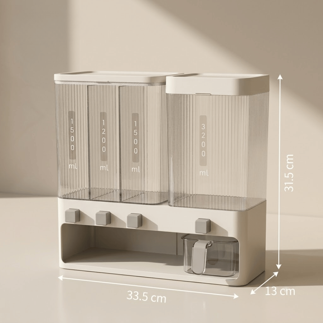 Multi Compartment Rice and Grain Dispenser with Press Dispensing & Measuring Cup