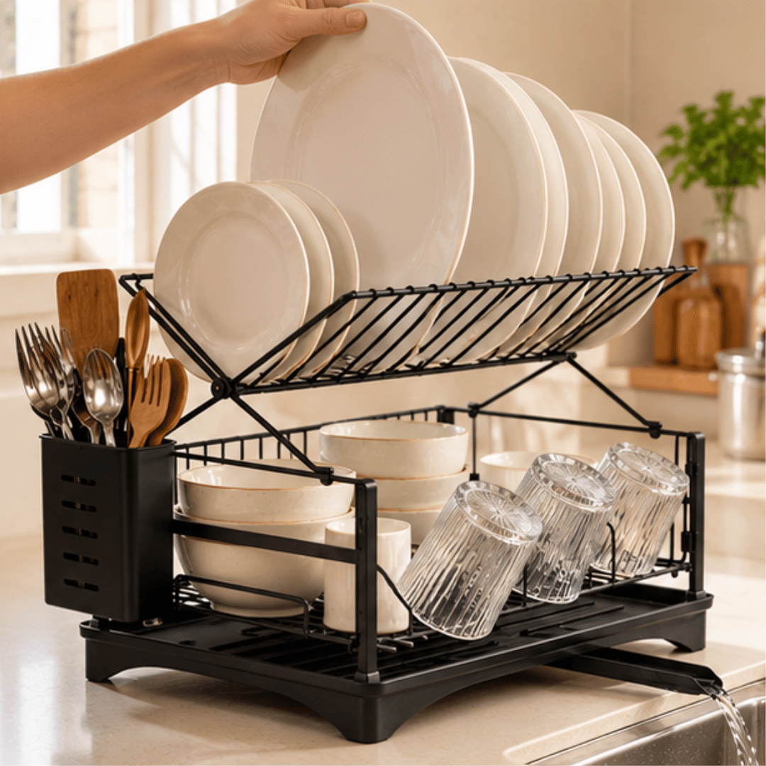 Two Tier Black Carbon Steel Dish Drying Rack with Swivel Drainage Spout