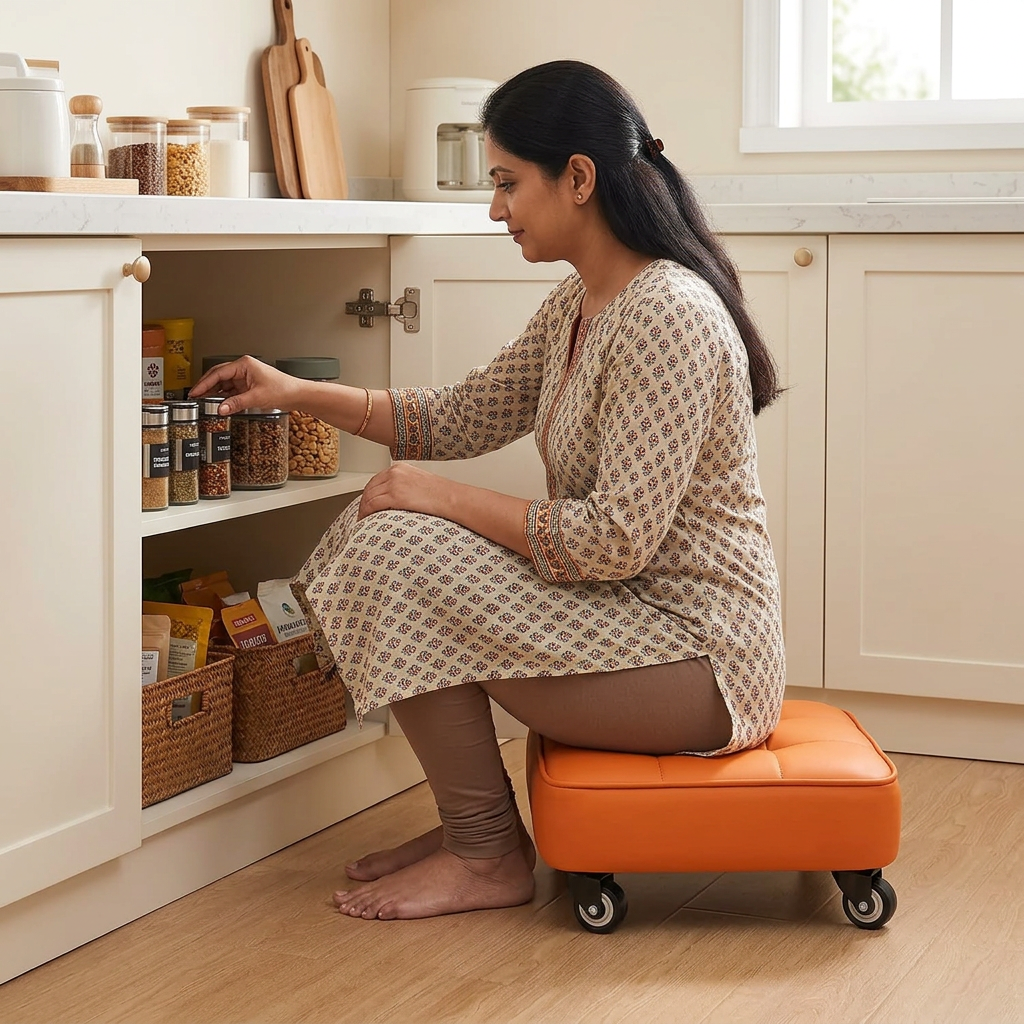 Multi Purpose Low Rolling Stool Cushioned Seat with Swivel Wheels