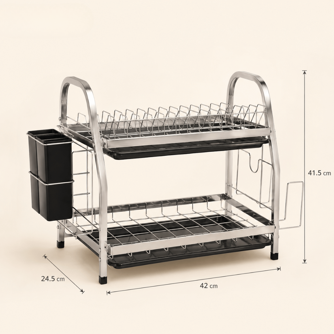 Two Tier Carbon Steel Dish Drainer Rack with Removable Drip Trays