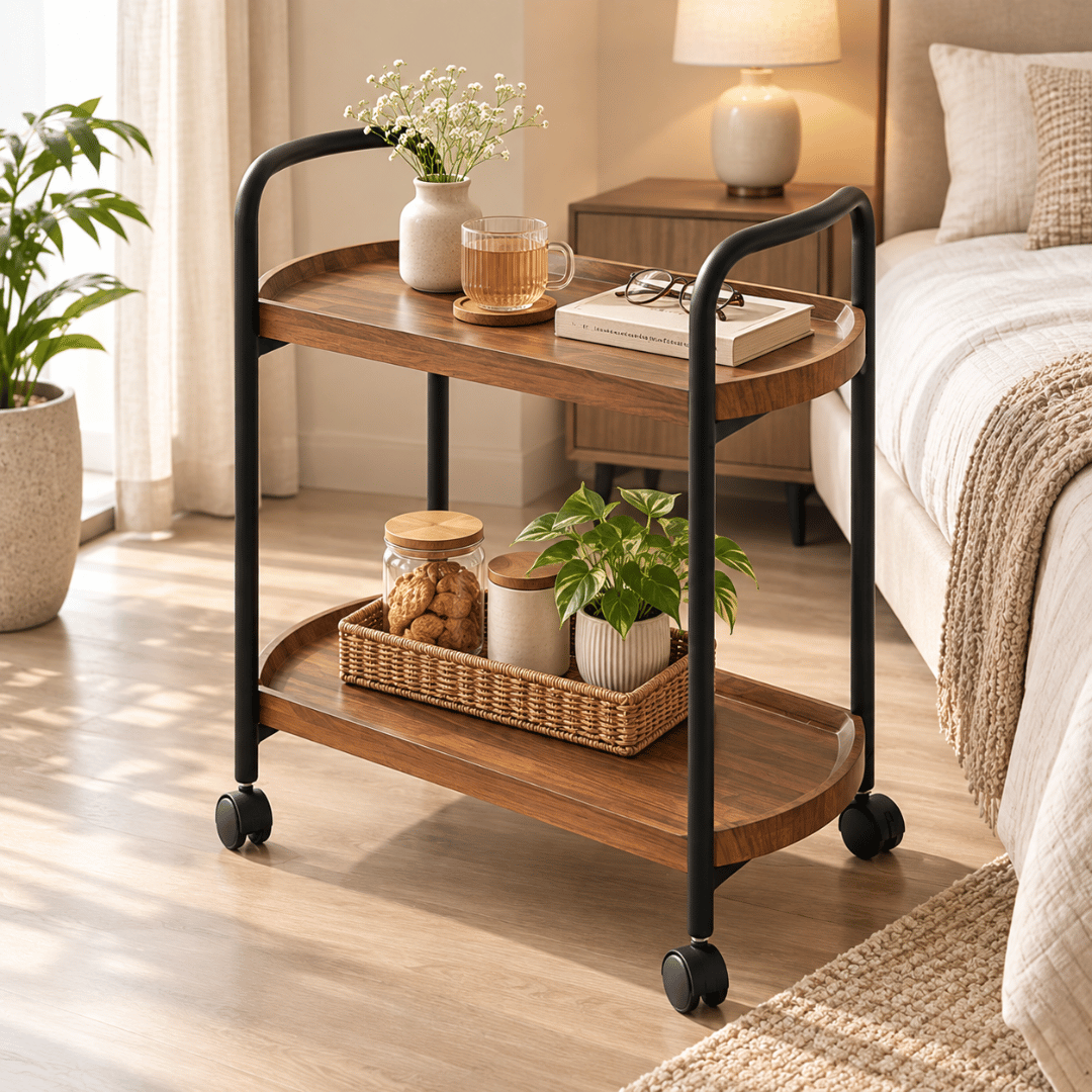 Double Layer Rolling Wooden Trolley With Wheels