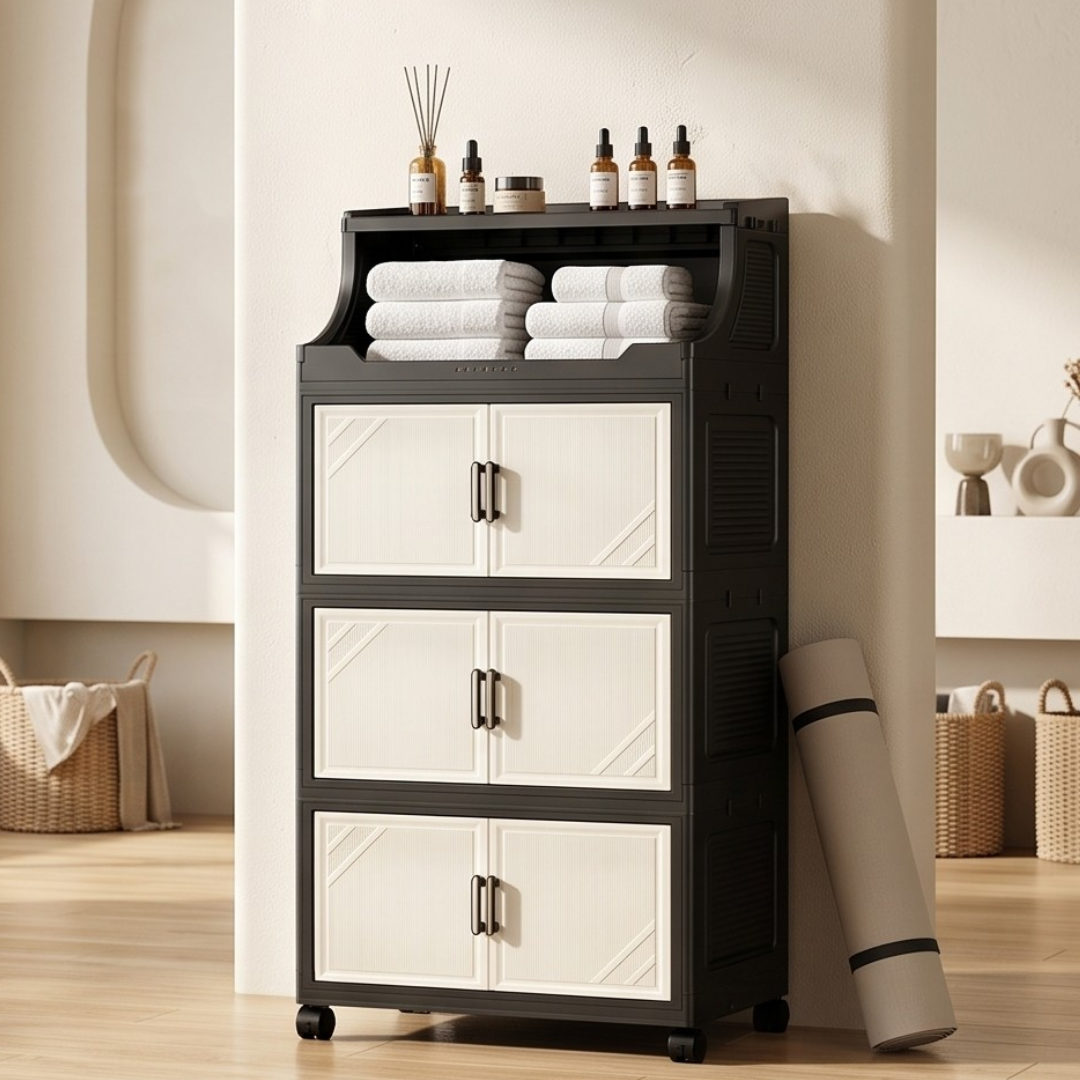 Multi Tier Folding Storage Cabinet with Wheels & Magnetic Doors