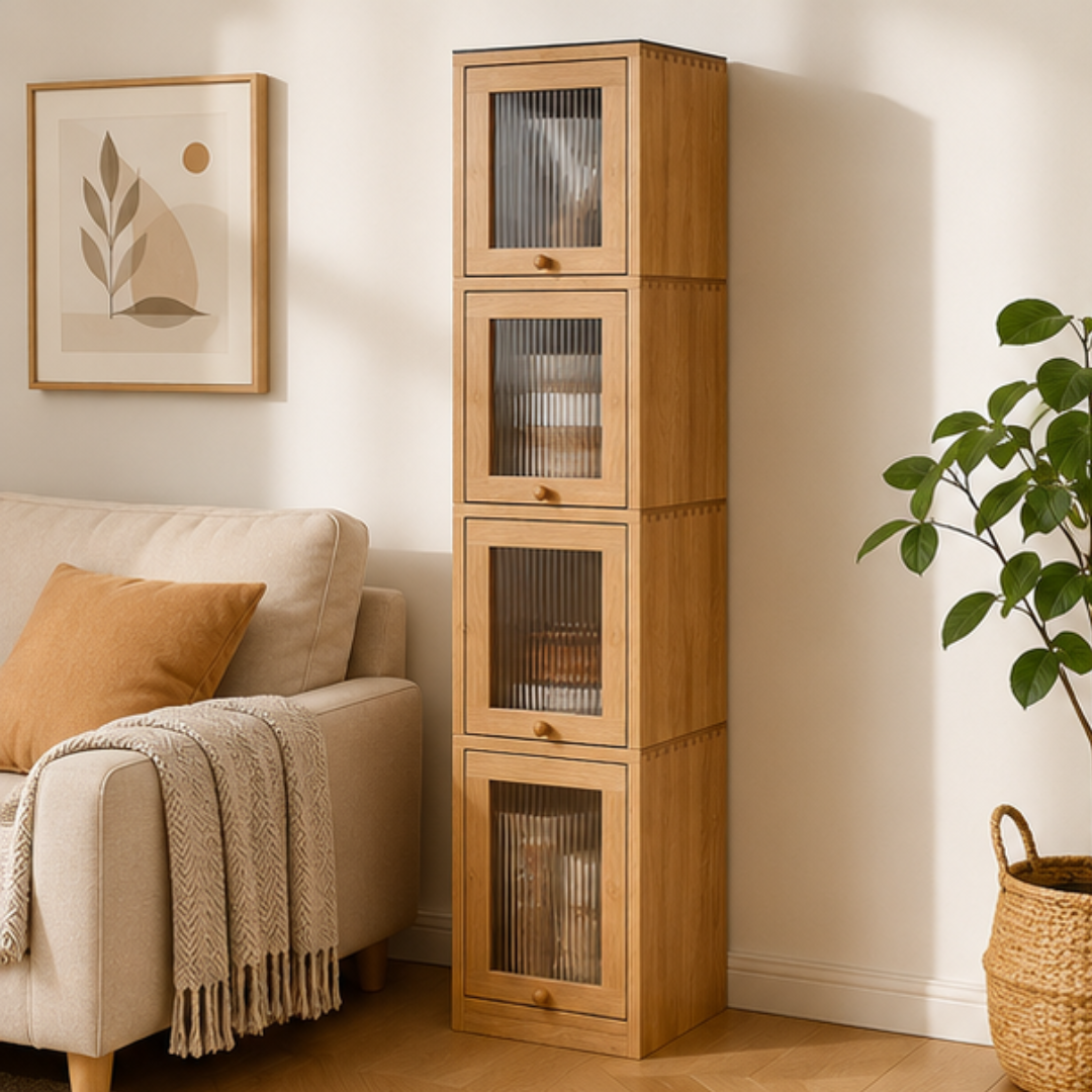 Premium Solid Oak Standalone Glass Door Storage Cabinet