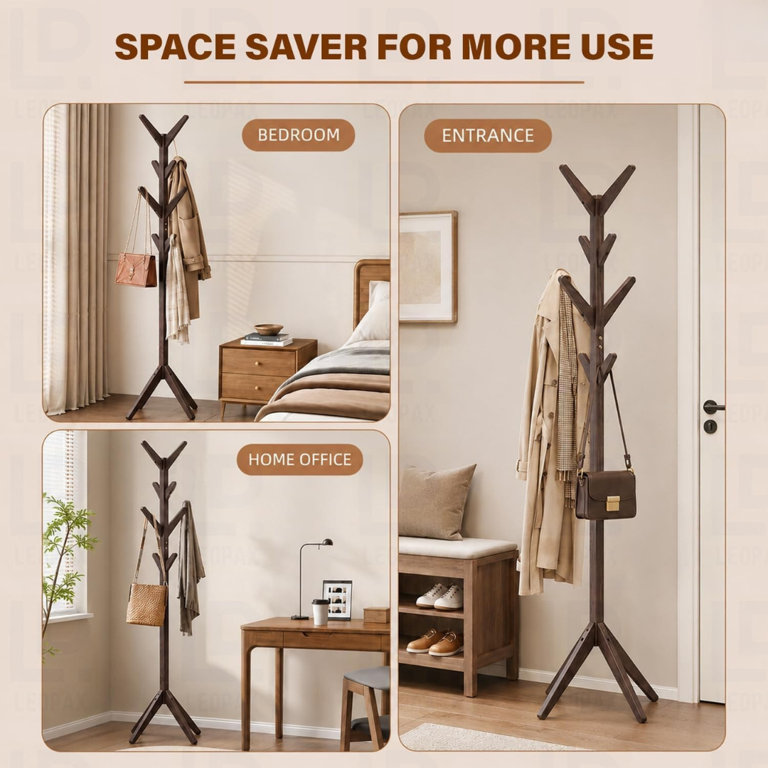 Bamboo Wooden Tree Coat Rack Stand with 8 Hooks