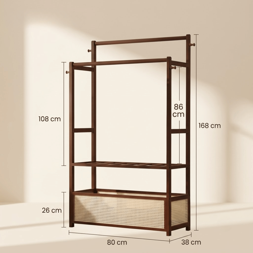 Multifunctional Bamboo Garment Rack with Double Hanging Rods & Rattan Cabinet Storage Shelf