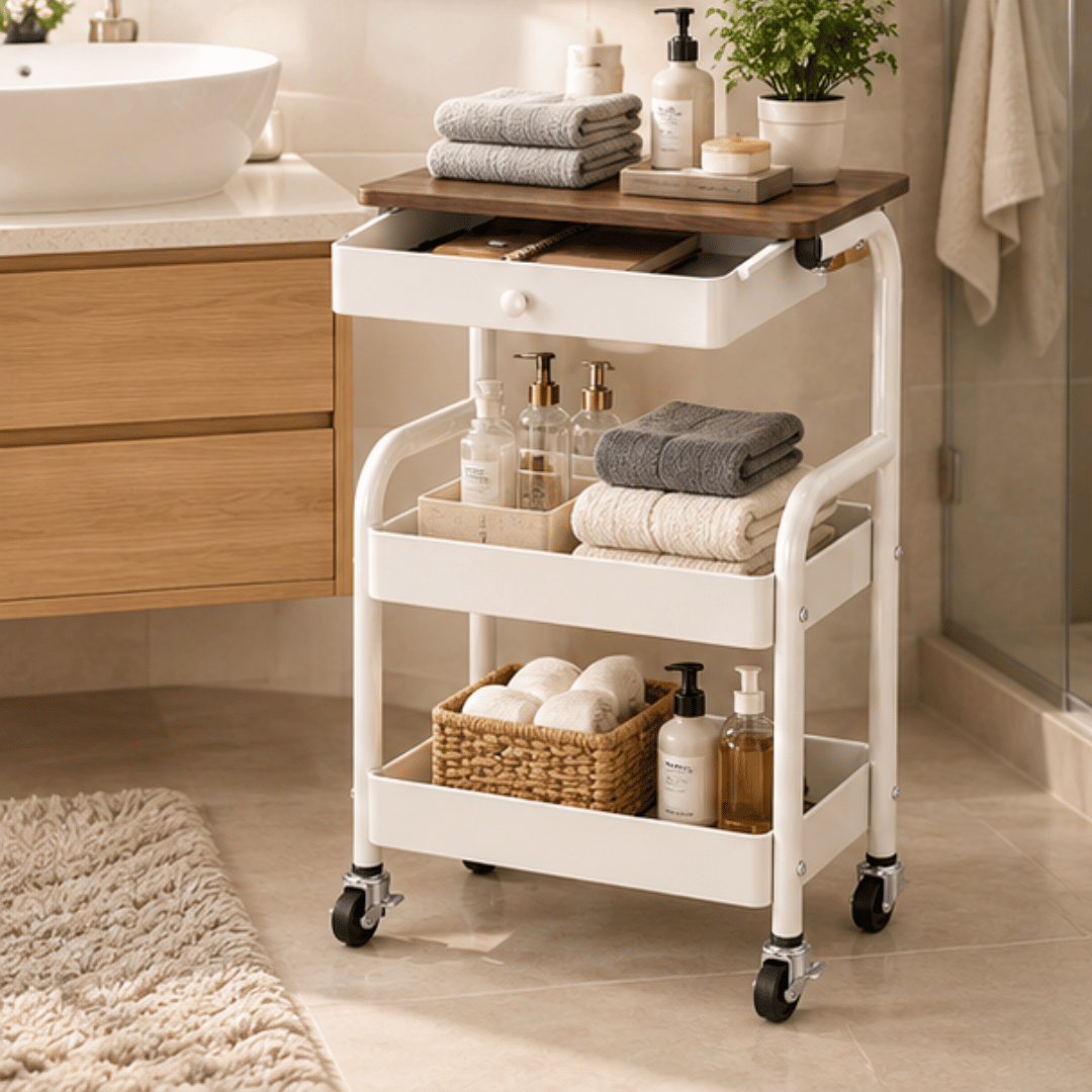 3-Tier Wooden Top Rolling Storage Trolley with Drawer and Wheels