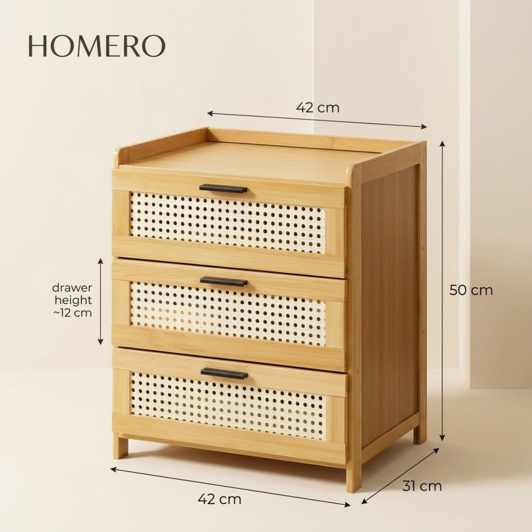 Multipurpose Bamboo Side Table with Three Drawers
