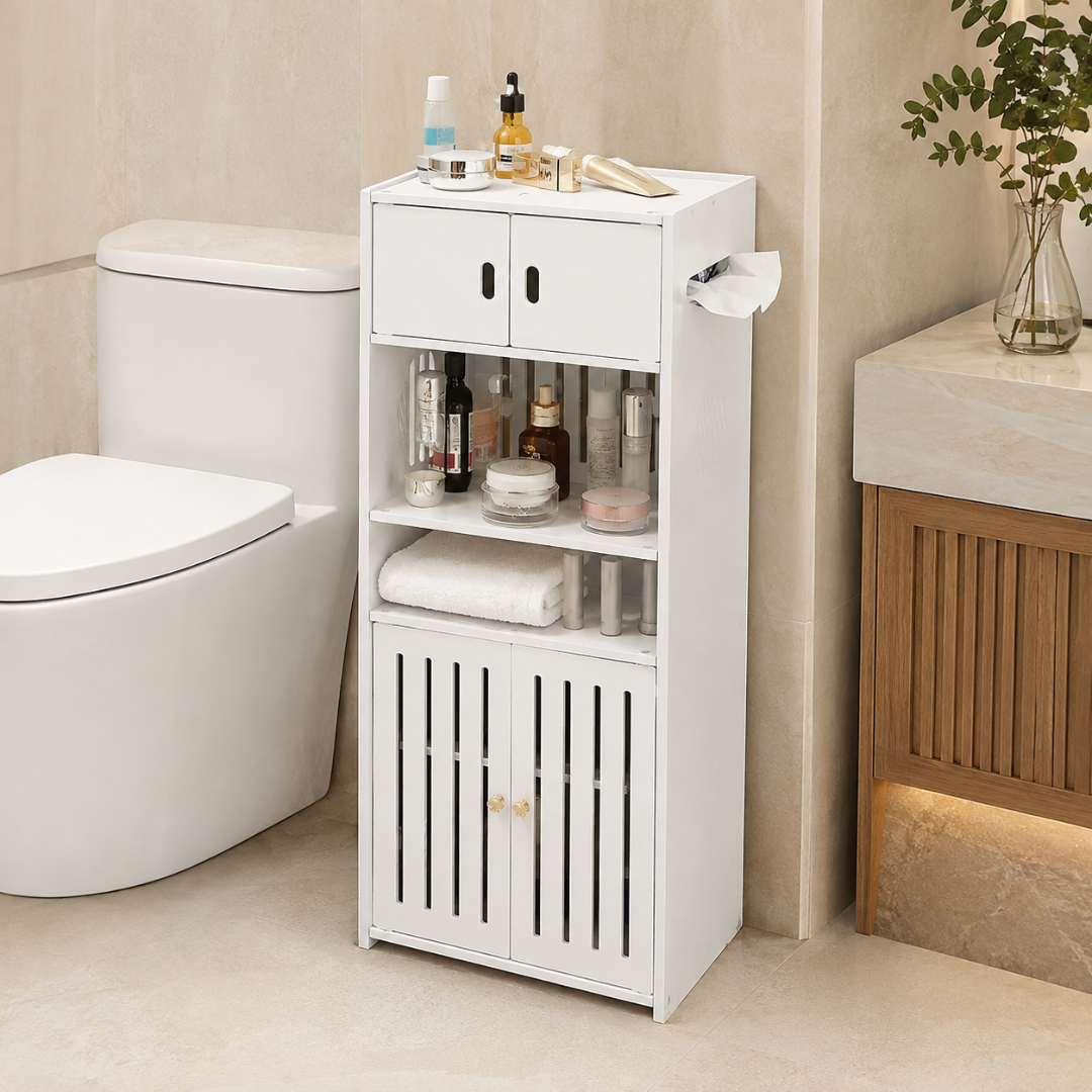 Multi-Use Storage Cabinet with Tissue Dispenser Shelves and Doors