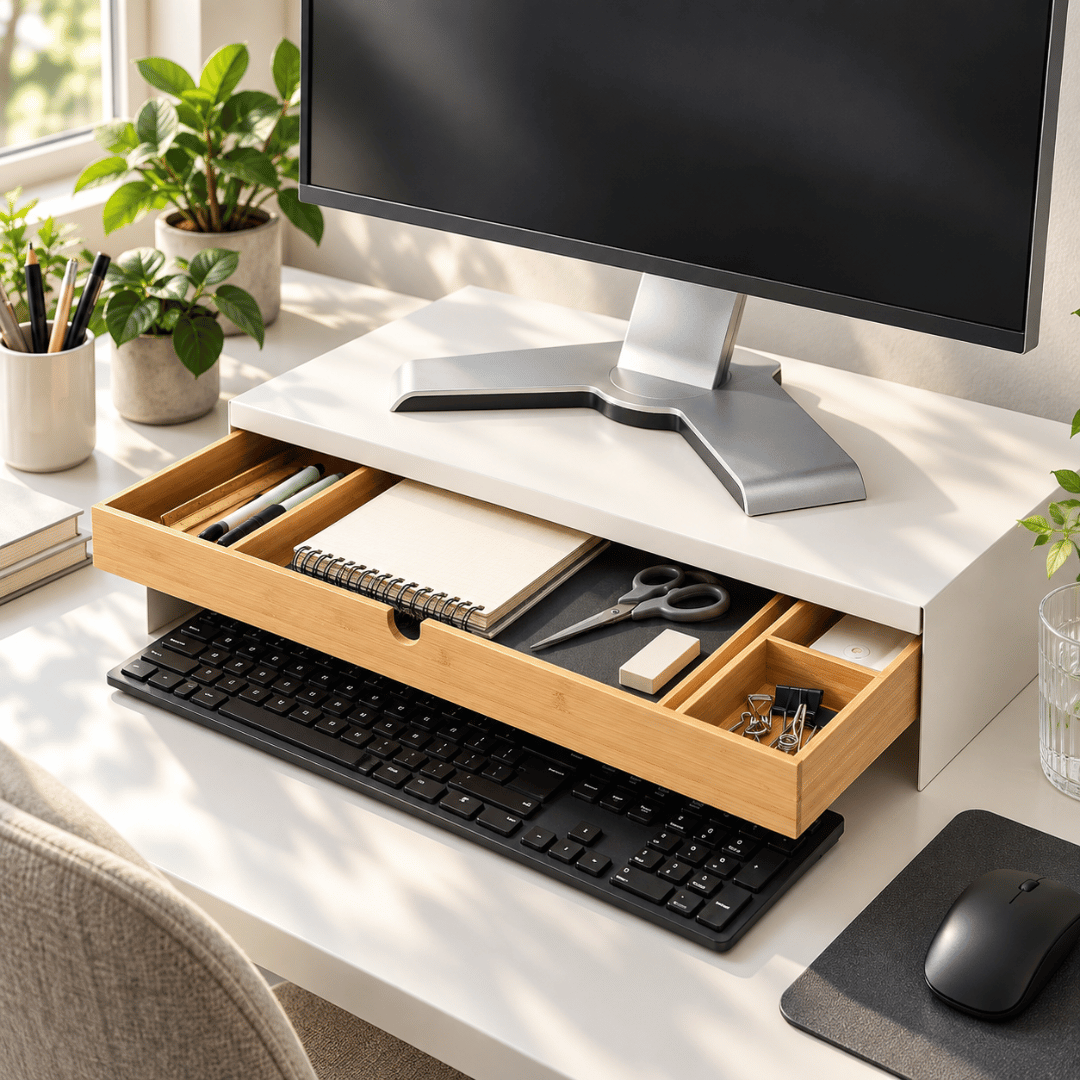 Premium Bamboo Monitor Stand with Drawer Desk Organiser