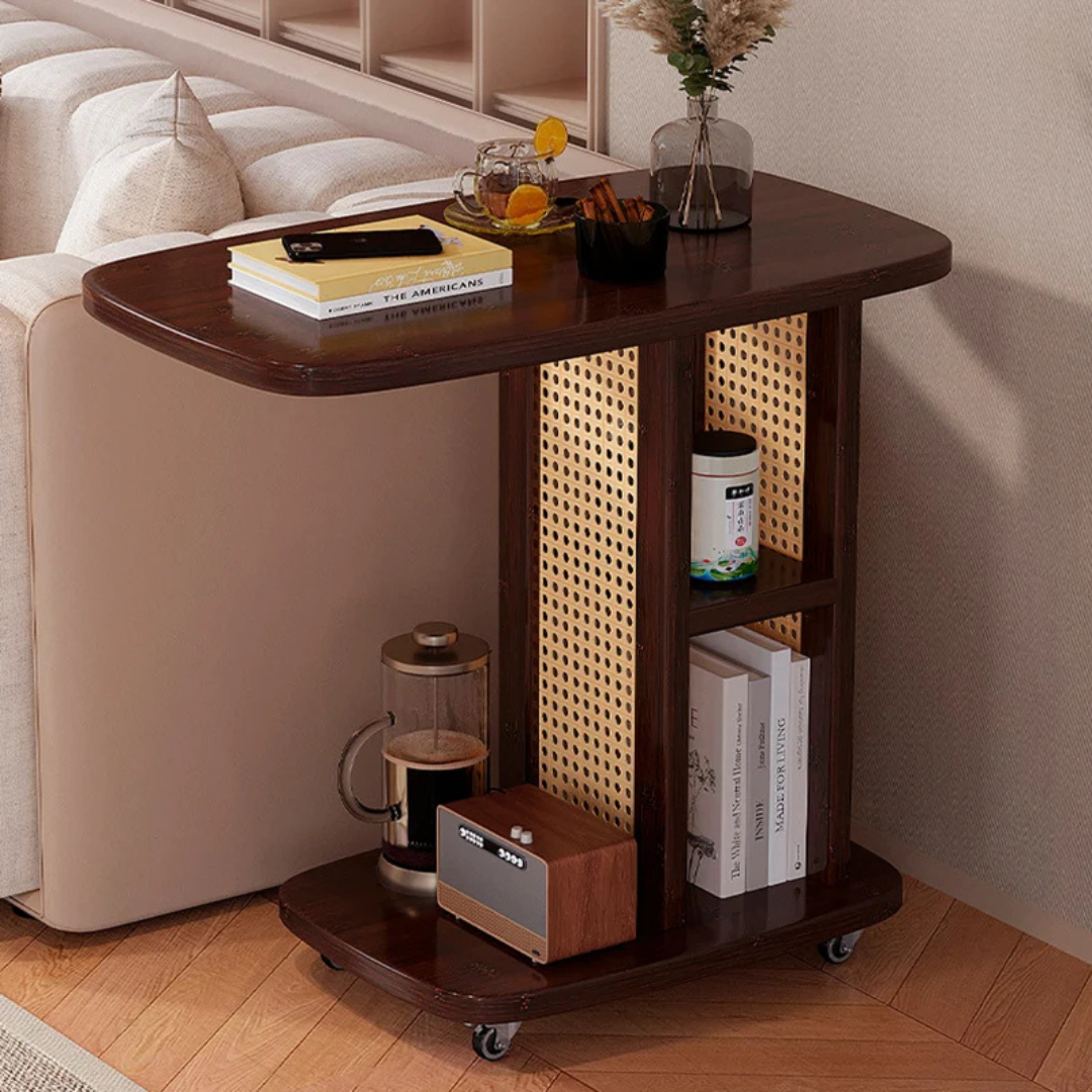 Wooden C Shaped Mobile Sofa Side Table with Woven Resin Storage