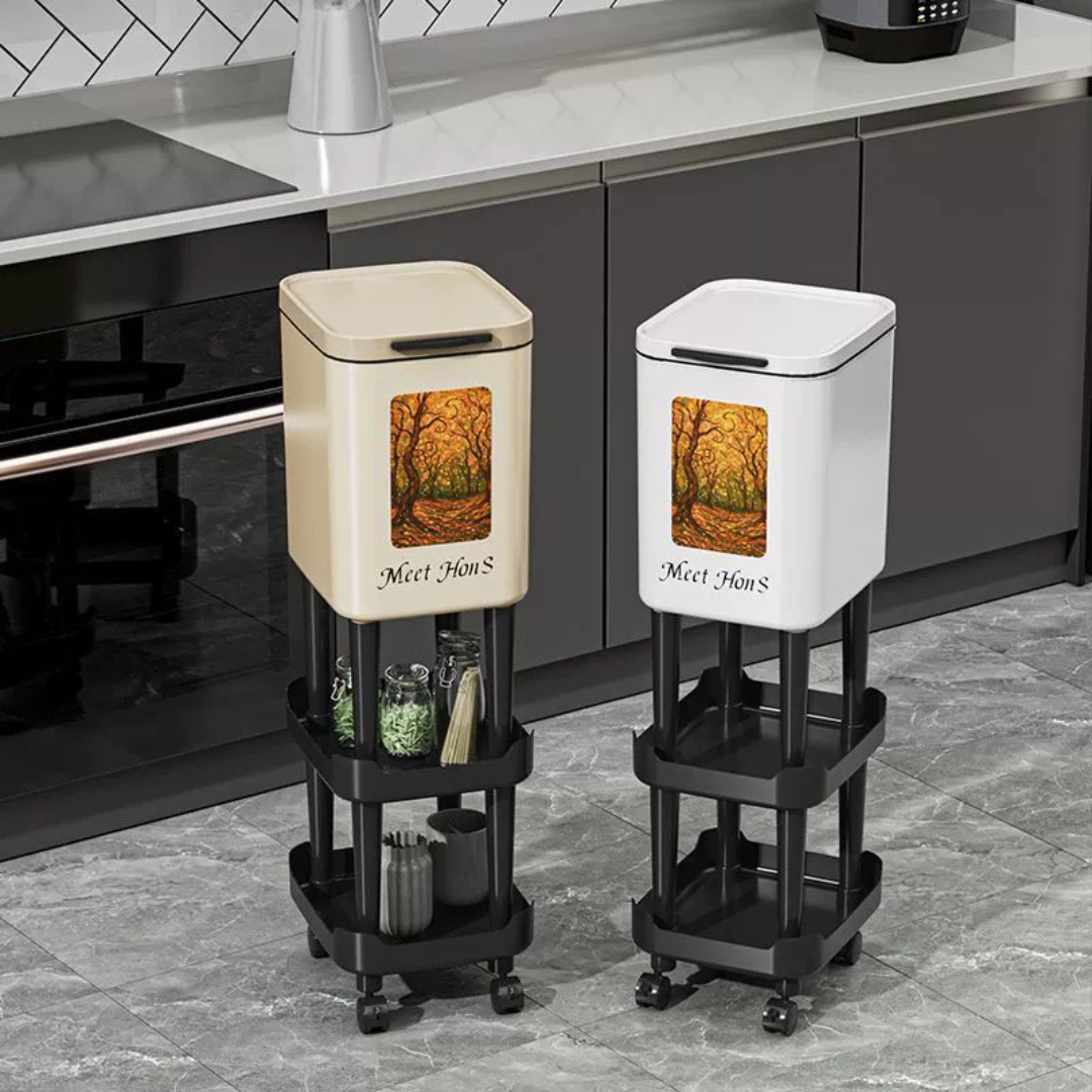Elevated Rolling Kitchen Trash Bin with Storage Shelf