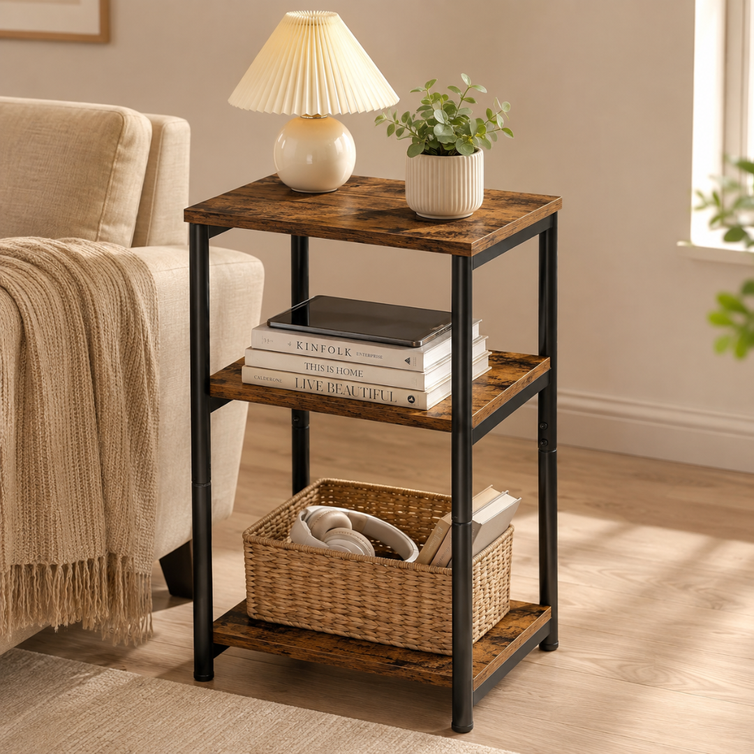Rustic Brown Three Tier Storage Steel Frame Side Table