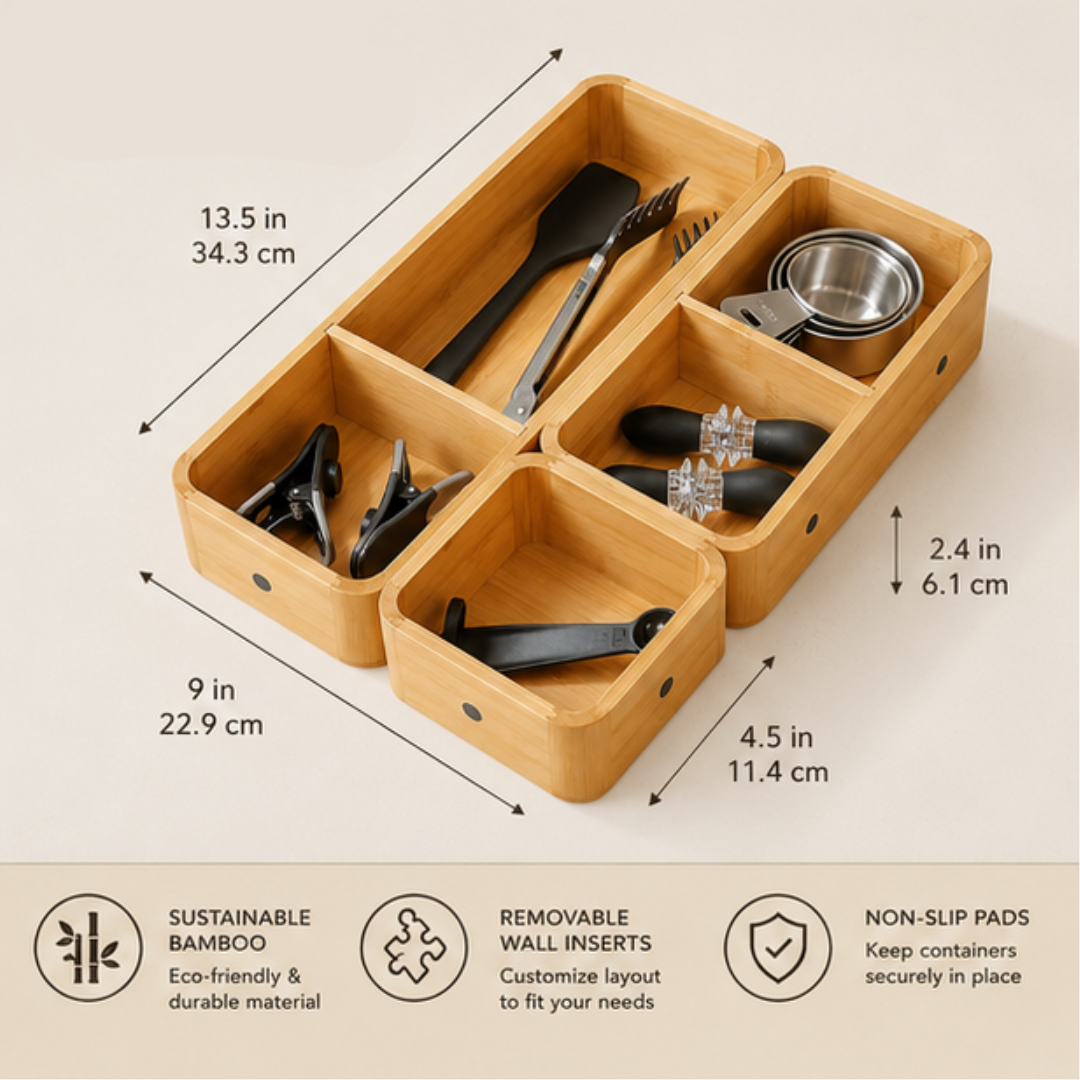 Modular Bamboo Kitchen Drawer Organizer with Removable Dividers