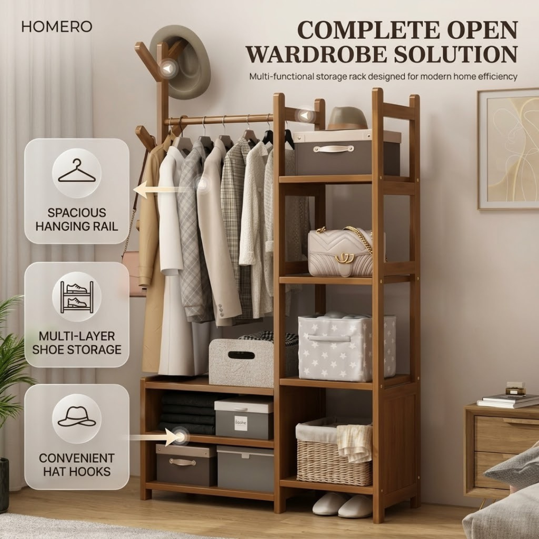 Multi Storage Bamboo Clothes Rack Open Wardrobe with Hanging Rail Shelves