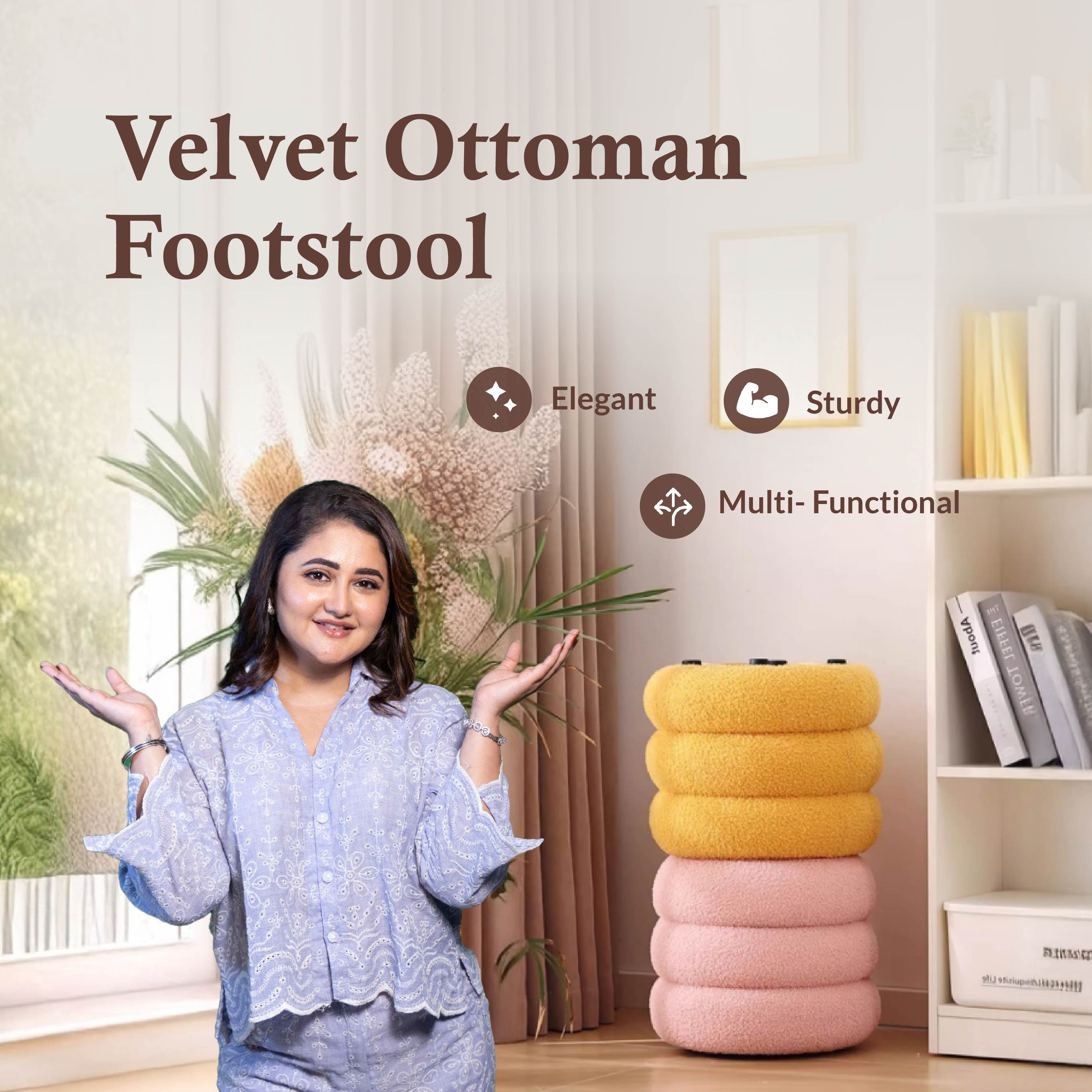 Multipurpose Velvet Ottoman Footstool with Wooden Base
