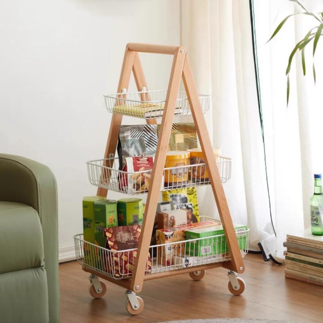 HOMERO 3-Tier Modern Wooden Metal Frame Slim Design Rolling Storage Cart