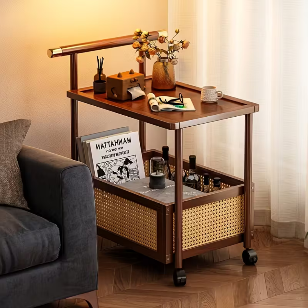 Retro Wooden Rolling Side Table Trolley with Lockable Wheels